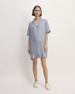 The Shirtdress in Linen | White / Blue