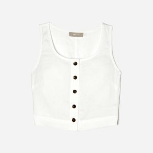 The Linen Button-Front Crop Tank | White