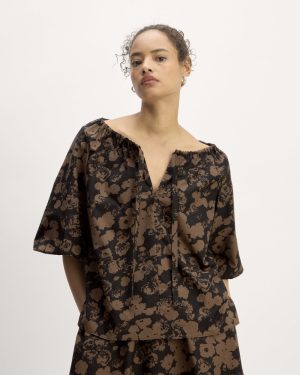 The Supima® Puff-Sleeve Top | Black / Cocoa Floral