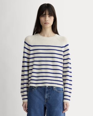 The Boxy Crew in Cashmere | Soft White / Deep Blue
