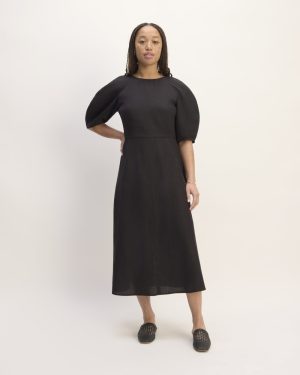 The Linen Short-Sleeve Scoop Midi Dress | Black