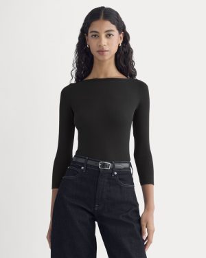 Luxe Rib 3/4 Sleeve Boatneck Tee | Black