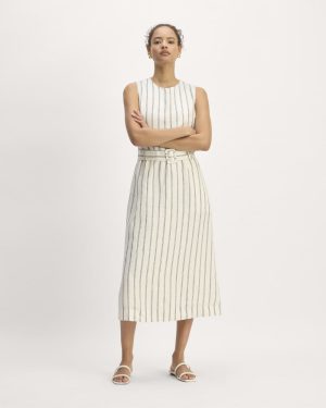 The Linen Belted Midi Dress | Bone / Navy