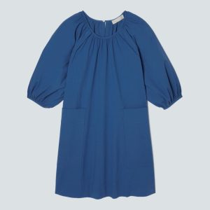 The Seersucker Puff Sleeve Dress | Deep Blue