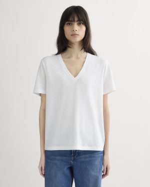 The Slouchy V-Neck Tee in Cotton Linen | White