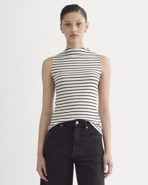 The Luxe Rib Funnel-Neck Tank | Bone / Black